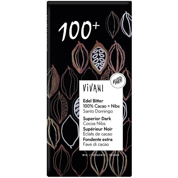 Vivani Mörk choklad 100% med kakaonibs 80 g